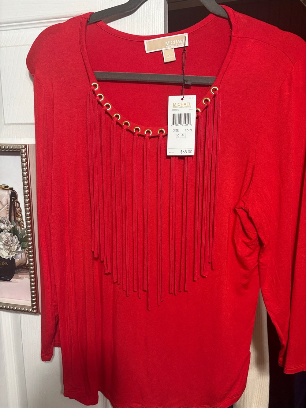 Michael Kors Red Fringe-Detail Long Sleeve Top
